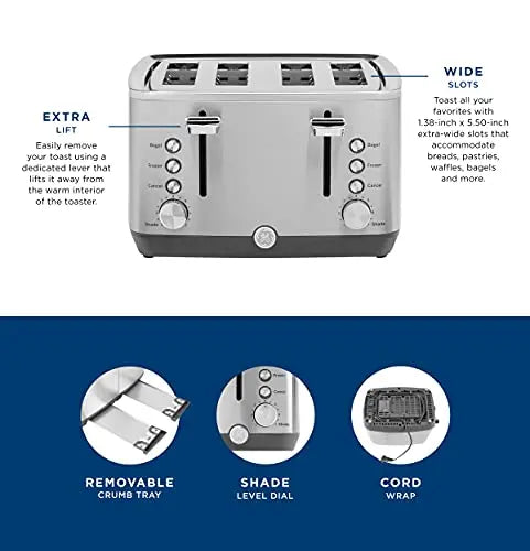 GE Stainless Steel Toaster | 4 Slice Extra Wide Toaster Slots - Stainless Steel